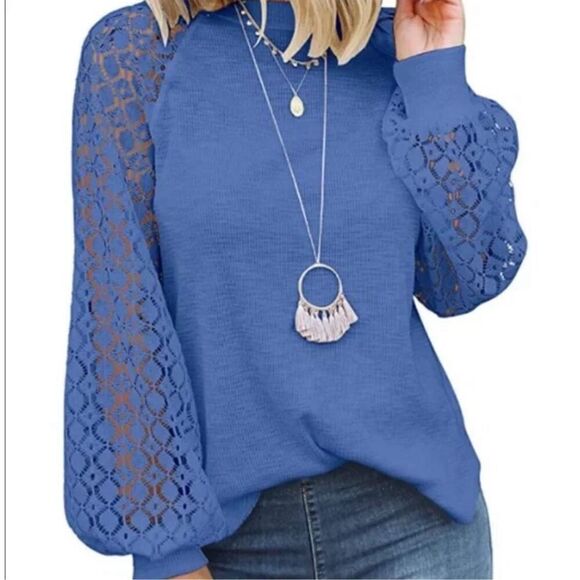 NEW WITH TAGS Mihol Blue Lace Crochet Long Sleeve Waffle Knit Frenchy Plus Size - Picture 2 of 8